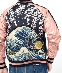 Unused Kacho Fugetsu Men's Sukajan Jacket Hokusai Embroidered Pink Black Size L - Picture 1 of 4