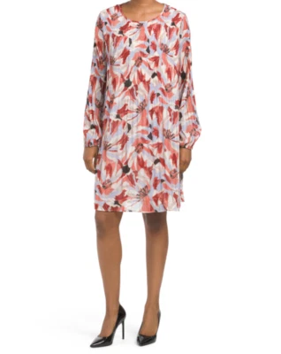 ELLEN TRACY Dress Size Large Long Sleeve Floral Pleated Knee Length - Image 1 of 3