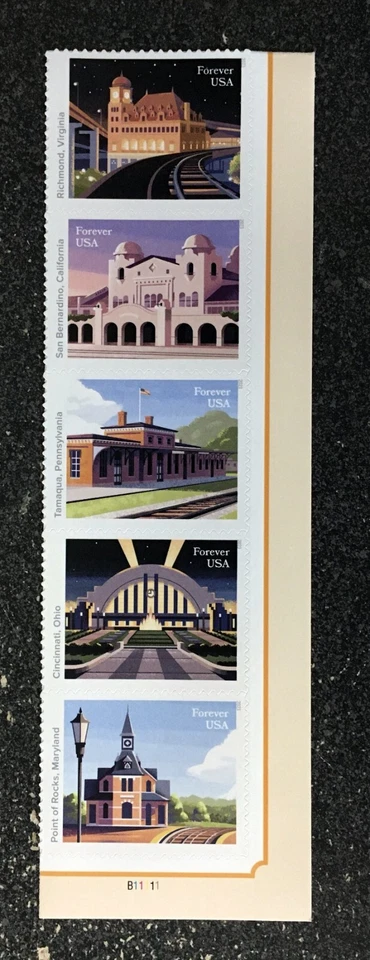 2023USA #5758-5762 Forever Historic Railroad Stations  Lower Right Plate Strip 5 - Image 1 of 1