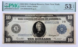 1914 $10.00 Federal Reserve Note New York FR#911b PMG 53 About Uncirculated EPQ - Picture 1 of 2