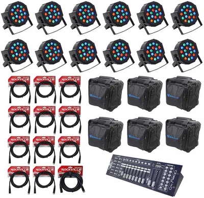 12) FARENHEIT FHB-118 LED RGB DMX LED PAR Wash Lights+Controller+12) Cables+Bags - Image 1 of 4