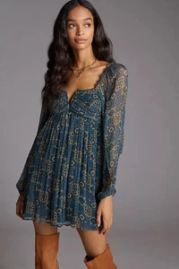 Anthropologie Let Me Be Womens Green Goe Back Tie Babydoll Mini Dress Size XS - Picture 1 of 10