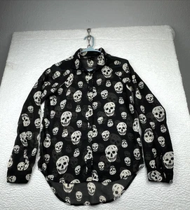 Skull Sheer Black Blouse Womens Roll Tab Sleeve  Top Shirt Punk Goth Small READ - Picture 1 of 21