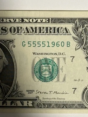 Four In A Row 5s Year Note 1960 Fancy Serial Number Dollar Bill $1 G55551960B ¥ - Image 1 of 4