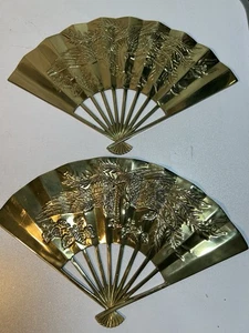 Solid Brass Vintage Fan Phoenix Bird Flowers Decor Wall Hanging Ornate X2 - Picture 1 of 6