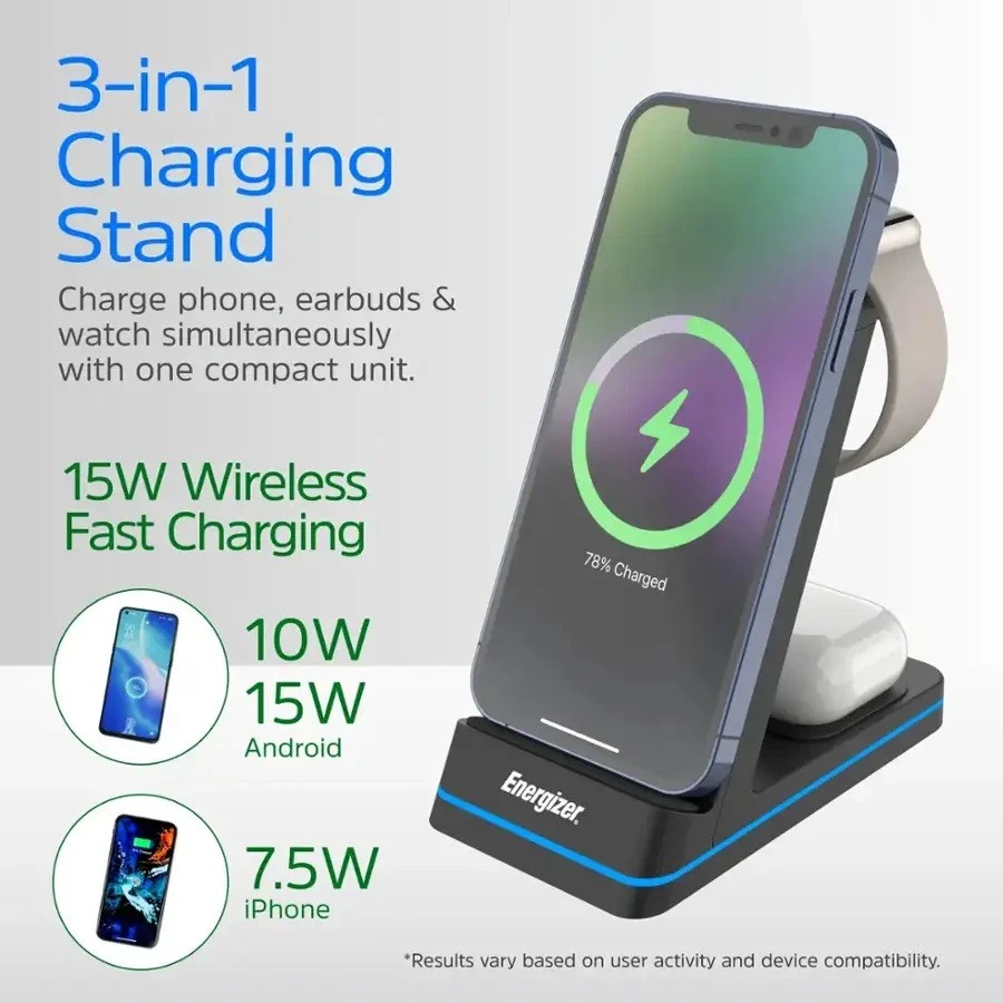 Energizer 3-in-1 15W Qi Wireless Fast Charger Stand with RGB for iPhone AirPods - Image 1 of 1