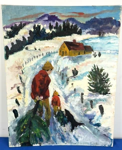 Pintura al óleo vintage, tablero de lienzo ~ padre e hijo con árboles de Navidad, 28x22 - Imagen 1 de 10