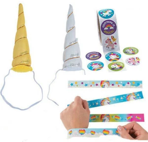 12 UNICORN Horn Headbands & 12 Slap Bracelets & 24 Stickers Fairytale Favors Lot - Imagen 1 de 4