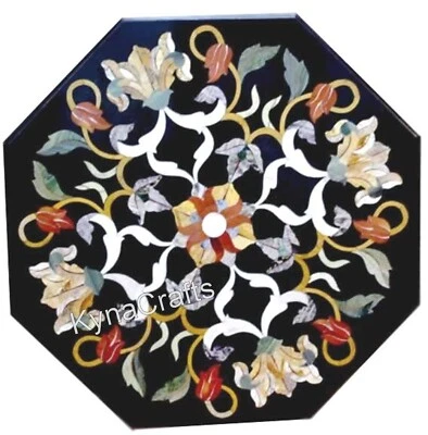 Octagon Black Marble Coffee Table Top Unique Pattern Inlay Work Breakfast Table - Image 1 of 4