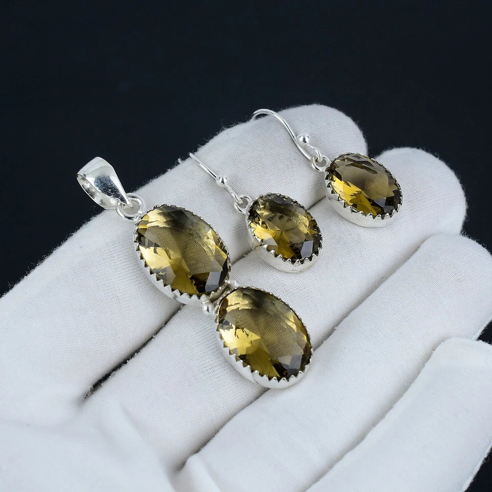 Juego de pendientes y colgantes de plata de ley 925 con piedras preciosas de topacio ahumado para regalos de amor Foto 1 de 4