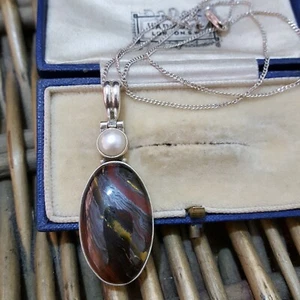 925 Sterling Silver Necklace, Large Tiger Iron And Mother Of Pearl Pendant - Picture 1 of 7