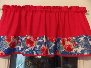 Pioneer Woman Handmade Window Valance, Red Kona Fabric, Blue Heritage, 42 x 16 - Picture 1 of 3