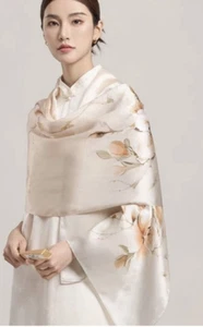 100% Satin Silk Scarf Women neckerchief Shawl Wrap Floral beige yellow pink MQ80 - Picture 1 of 3