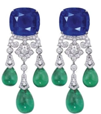 Feature Lab-Created Blue Sapphires, White Diamond & Green Emeralds Drops Earring - Image 1 of 4