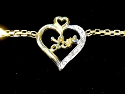 New 14k Solid Gold Heart with 'LOVE' Diamond Anklet #728y - Image 1 of 2