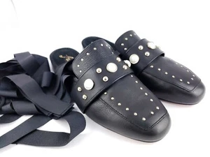 Free People Black BoHo Ribbon Ankle Wrap Flats Gold Pearl Studded US 6.5/37 - Picture 1 of 7