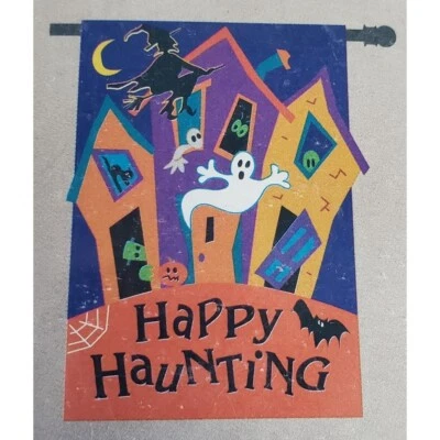 DELUXE APPLIQUE HALLOWEEN FLAG HAPPY HAUNTING 30" X 44" EVERGREEN NEW - Image 1 of 4