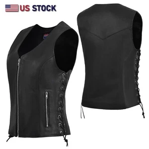 HL14855SPT Women's Black Leather Motorcycle Vest with Side Lace and Front Zipper - Picture 1 of 7