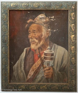 Hermosa pintura al óleo vintage retrato masculino asiático firmado "Zah" enmarcado, dañado - Imagen 1 de 9