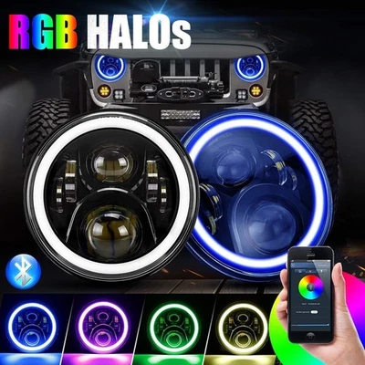 7" RGB LED Halo Angel Eyes DRL Headlights Pair Jeep Wrangler JK LJ TJ CJ - Image 1 of 4