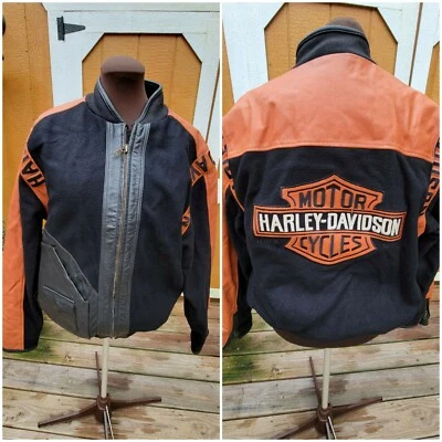 Chaqueta De Colección Harley Davidson Bar & Shield Naranja Negro Cuero y Lana GRANDE L Foto 1 de 4