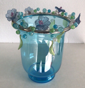 TURQUOISE GLASS HURRICANE CANDLE HOLDER WITH BLUE, GREEN LEAVES, FLOWERS & BEADS
