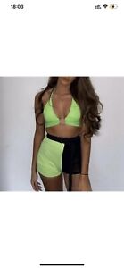Neon Green Mesh Festival Rave Ibiza Outfit Uk Size 8 Co-ord Hot Pants Shorts Top