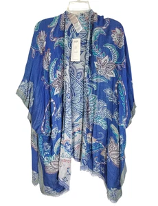 Chicos Womens Blue Floral Embroidered Jacquard Ruana Wrap Fringe One Size NWT - Picture 1 of 12
