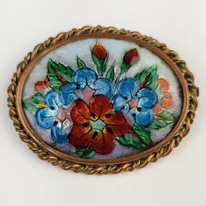 Spilla smaltata floreale Limoge vintage fatta a mano Francia - Foto 1 di 5