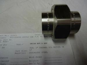 STAINLESS STEEL UNION NPT x BSP 1" - 1 3MA182F316 x 1 3MBSPTA182F316 HT#1T1930GL - Picture 1 of 6