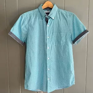 English Laundry Short Sleeve Button Down Shirt Small Aqua Geometric Print - Picture 1 of 6