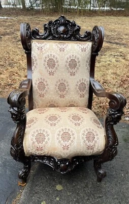 CARVED MAHOGANY FIGURAL ARM CHAIR, ATTR. KARPEN - Image 1 of 4