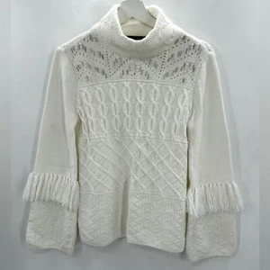 Neu mit Etikett WHBM Pullover Stehkragen verziert Fransen Zopfmuster Pullover elfenbeinfarben Small - Bild 1 von 9