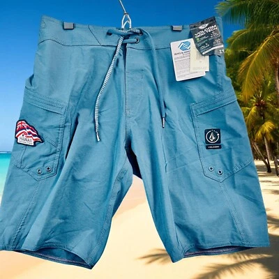 New Volcom Mens Lido Solid Mod 20 Boardshorts Sz L Blue Drawstring Waist Stretch - Image 1 of 4