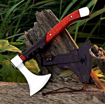 Hacha Tomahawk personalizada hecha a mano | Hoja de acero | Mango de madera roja | Funda de cuero Foto 1 de 4