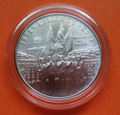 2002-W WEST POINT COMMEMORATIVE BU SILVER DOLLAR. NO BOX OR COA. IN CAPSULE. - Image 1 of 2