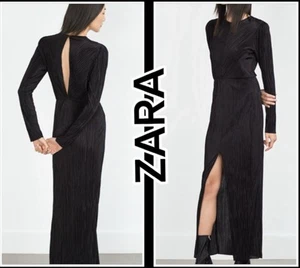 Zara Women’s Black Maxi Dress Size M Pleated Long Sleeve Cutout Slit Formal - Picture 1 of 20