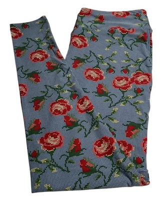 LuLaRoe Leggings TC2 Tall Curvy 2 Fun BLUE RED Flower ROSE KNIT Sweater Heart - Image 1 of 4
