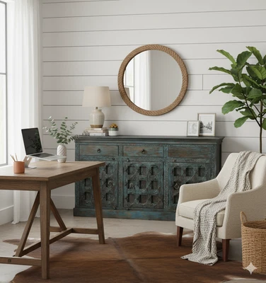 Antique Storage Cabinet Distressed Blue Buffet Sideboard Entryway Credenza 71x38 - Image 1 of 4