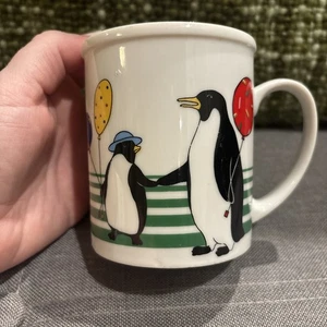 VTG Penguins w/Balloons Green Stripes Coffee Mug Cup 8 oz Japan - Picture 1 of 7