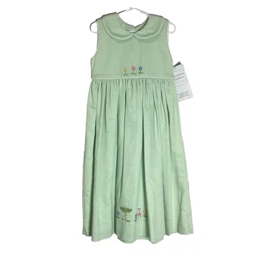 Strasburg Dress Girls 5Y Green Embroidered Floral Bunny Sleeveless Pastel Tie - Image 1 of 4