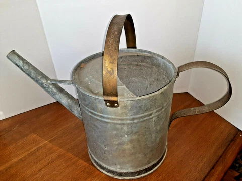 Vintage Large Galvanized Sprinkling Watering Lawn Can W/ Brass Handles Cover