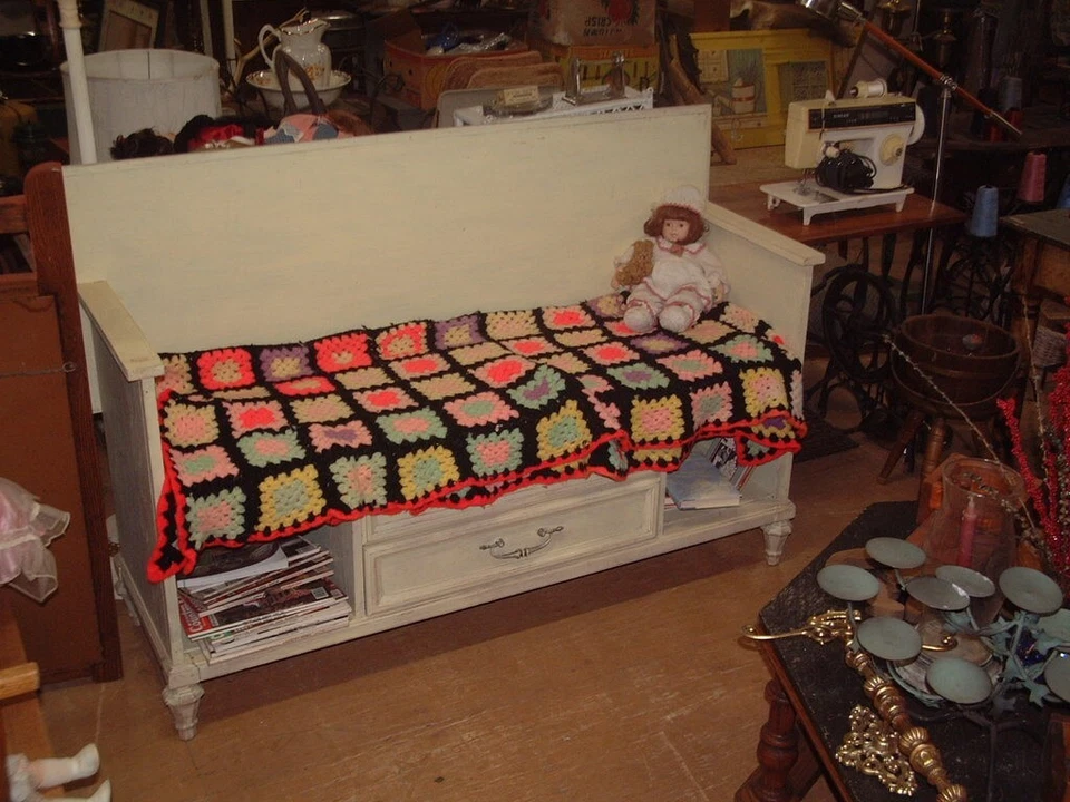 Vintage Headboard Bench Settee Loveseat 1 of a kind, Shabby Chick 58" wide 40X19 - Image 1 of 4