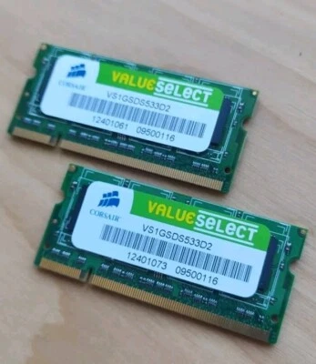 Lot Of 2: Corsair 1 GB SO-DIMM 533 MHz DDR2 SDRAM Laptop Memory (VS1GSDS533D2) - Image 1 of 4