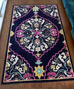 Navy Blue and Pink Medallion Hand Tufted Wool Area Rug Carpet - Picture 1 of 6