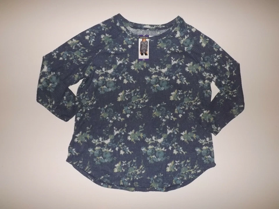 Womens PEACE & PEARLS Waffle Knit Tunic Floral Blue Thermal Shirt Small S