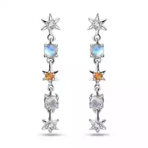 1.50ctw Moon Glow Moonstone & Multi Gem Celestial Dangle Earrings Rhodium Plated - Picture 1 of 5