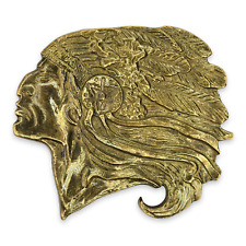 Vintage Brass Belt Buckle Indian Chief Head with Feather Headdress