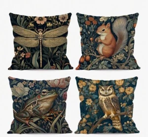 Folk Floral owl Squirrel dragonfly frog Vintage Style Cushion Cover 45 X 45 - Picture 1 of 10