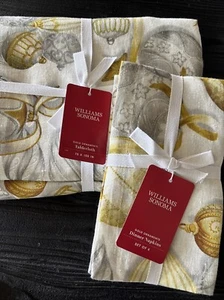 Set Williams Sonoma GOLD ORNAMENTS CHRISTMAS Tablecloth 70”x 108 + 4 Napkins NWT - Picture 1 of 7